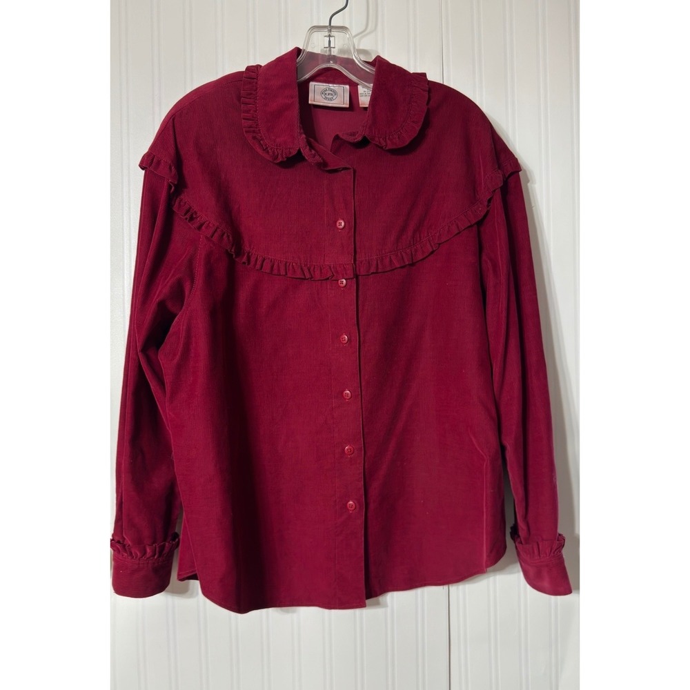 Evan Picone Sport Red Corduroy Ruffle Yoke Button Down Shirt Womens Large Cotton